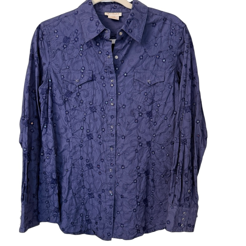 Ariat Women’s Navy Sequin Embroidered Western Pearl Snap Shirt L Cowgirl Sparkle - Picture 2 of 10